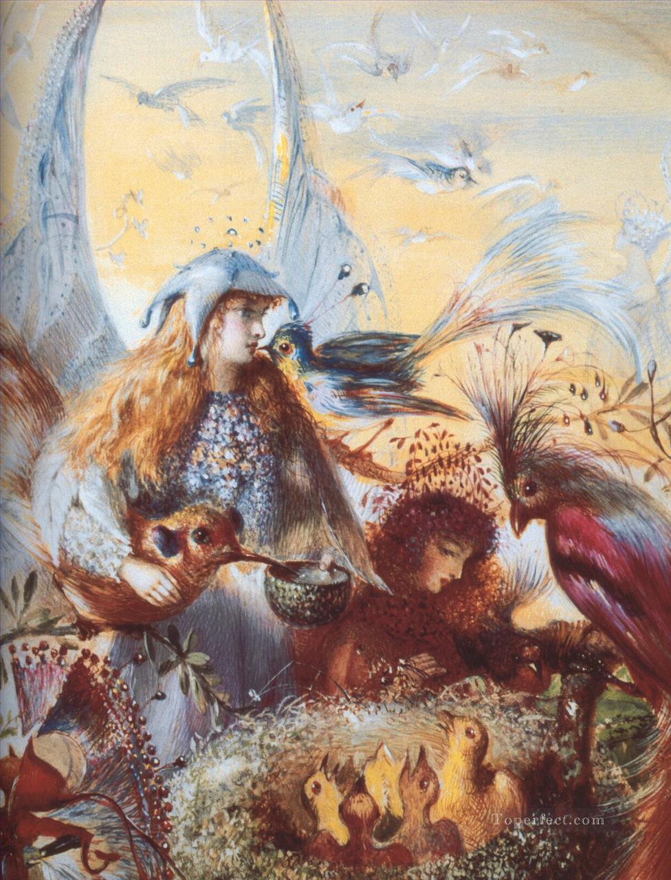 子供のための妖精と鳥油絵